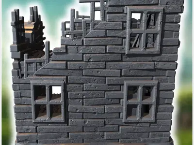 Collapsed wooden building with exposed structure broken floors a 3D print model