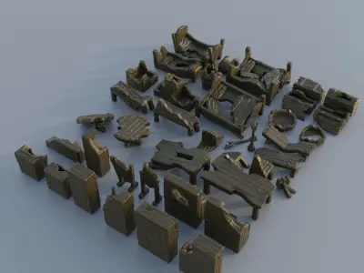40 different Ruined Furniture Tabletop Scatter Terrain 28 mm 3D print model