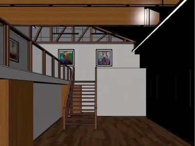 Gallery empty room with wooden floors and staircase 3D model