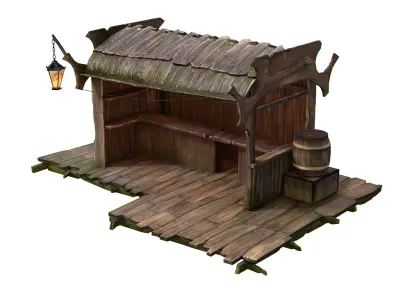 Stall wooden structure with barrel on top Low-poly 3D model