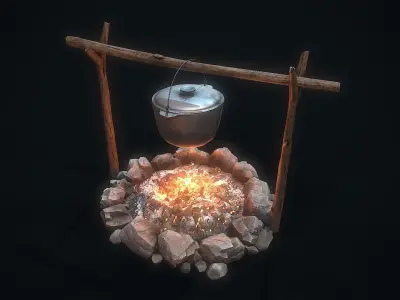 Camping bonfire bowler tripod Low-poly 3D model