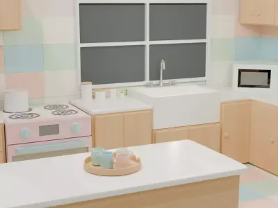 3D Modern Kitchen Interior Dining Table Appliances Cabinets 3D model