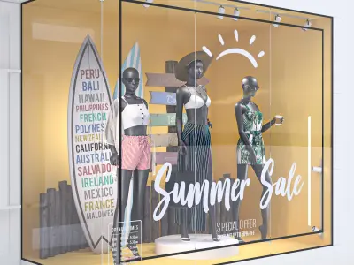 Summer Store Front with female mannequin 3D model