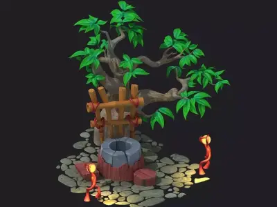 Cartoon well  stone well  water vine tree fence 3D model