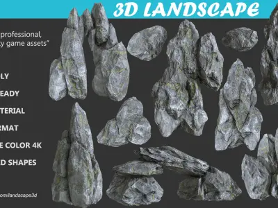 Low poly Gray mossy rock Low-poly 3D model