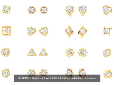 35 Solitaire Super Light Weight Stud Earrings Collection 3D Model Pack