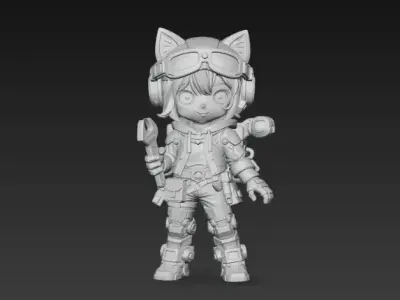 Chibi Tech Mechanic Catgirl - Stylized Game-Ready Character Low-poly 3D model
