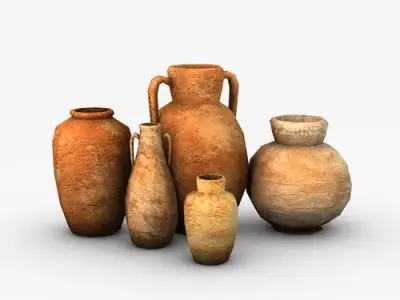 Low Poly Pottery group of ancient clay pots Low-poly 3D model