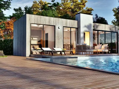 modern pool house with fireplace 3d model Low-poly 3D model