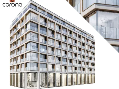 Modern residential building 06 at night with simple interiors 3D model