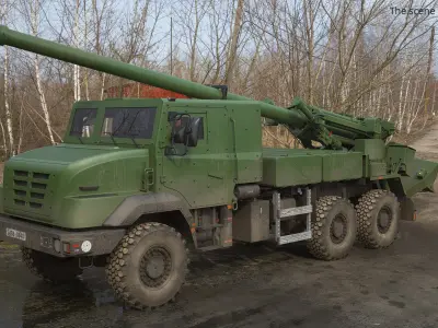  CAESAR 6x6 Wheeled Self-Propelled Gun Green Used Rigged for Maya 