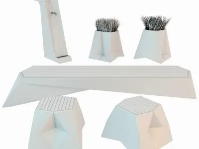 Exterior set 1 two stools made of marble and wood 3D model