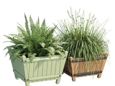 Exeter two planters with ferns and grasses 3D model