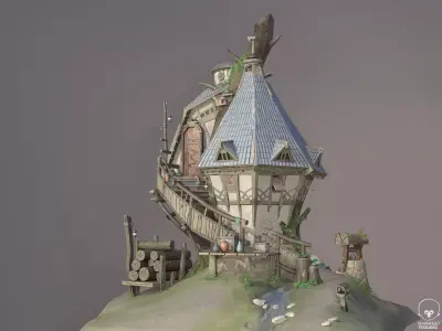 Stylish small barn Low-poly 3D model