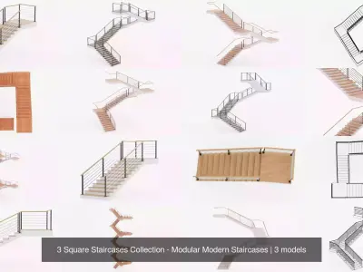 3 Square Staircases Collection - Modular Modern Staircases 3D Model Pack