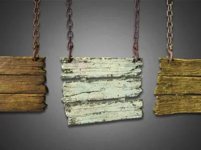 3-Tier Wooden Hanging Signs - Game Ready Low-poly 3D model