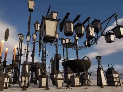 Realistic street lamps candles wall mounted lights  pots torches Low-poly 3D model