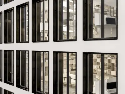 Modern office facade 02 at night with simple interiors 3D model
