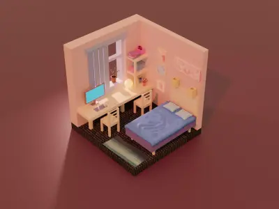 Low-poly bedroom room with bed and desk Low-poly 3D model