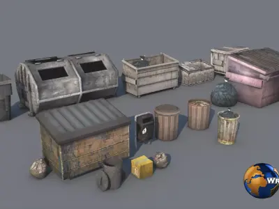 lowpoly dirty trash bag and container collection pack 3d model Low-poly 3D model