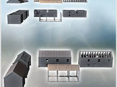 Set of four cinder block buildings with a roofed canopy 12 - Mod 3D print model