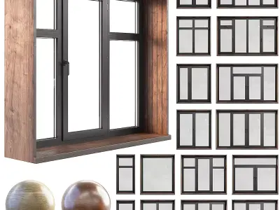 A set of plastic windows with wooden trim 3D model