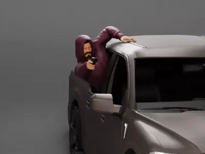 Gangster man in hoodie shooting leaning out window of the car 3D print model