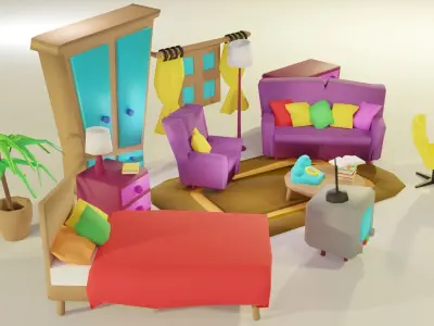 Cartoon Bedroom Funiture Low-poly 3D model