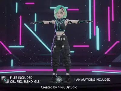 Anime-Style Sci-Fi Female Character with Animations Low-poly 3D model