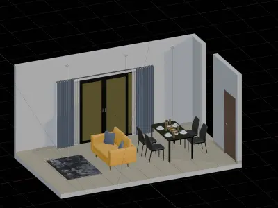 Isometric Living Dining Room With Black Furniture  3D model
