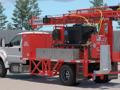  Mobile B-51 Drill Rig Truck Red Rigged for Cinema 4D 
