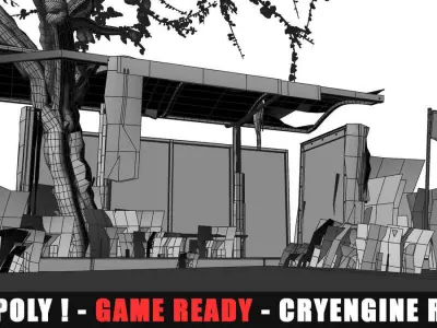 Apocalyptic Bus Stop Low-poly 3D model