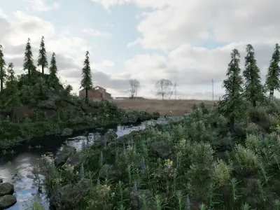 Scene grassy area with stream and trees 3D model