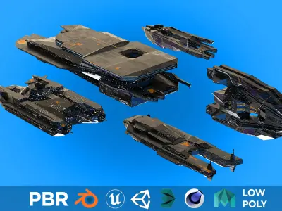 Spaceship fleet 3D asset pack Low-poly 3D model