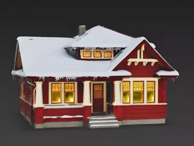 Cozy Red Winter Craftsman Bungalow 3D Model Low-poly 3D model