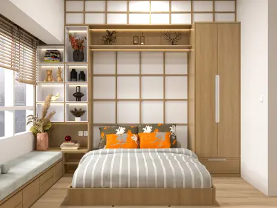 Japandi Studio Apartment - Kitchen - Bedroom - Bathroom Low-poly 3D model