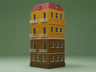 Cartoon four-story building Low-poly 3D model