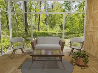 modern living room include modern wood chair and wooden sofa 3D model