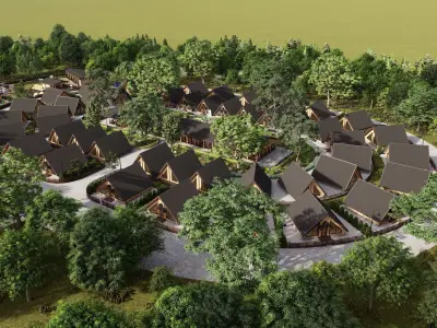 3D model of a small town of wooden houses 3D model