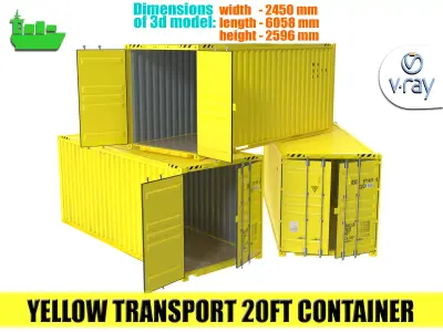 Yellow transport 20ft container 3D model