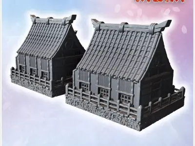 Traditional Japanese houses with wooden railings steep tiled roo 3D print model