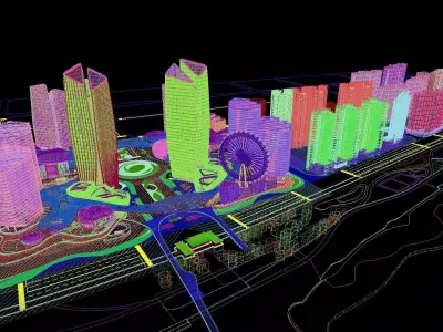 Waterfront City Skyline With Ferris Wheel 3D model