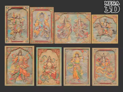 Chinese Temple Walls - Mural Bas relief Colored - 230912 Low-poly 3D model