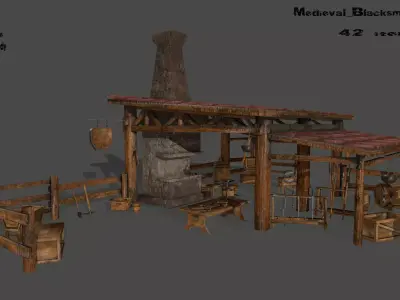 Medieval set metal bucket hanging from chain Low-poly 3D model