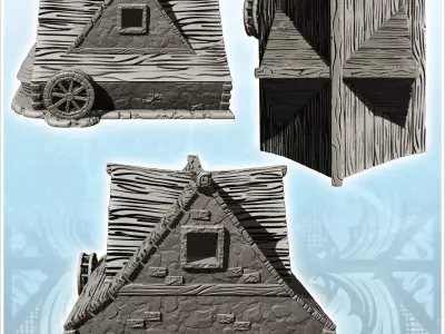 Wooden roofed mill with water wheel and floor 17 - Medieval Goth 3D print model