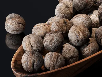 Walnut v2 in a wooden nut bowl Low-poly 3D model