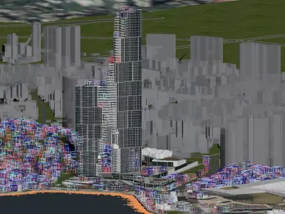 Waterfront Cityscape with Landmark Glass Tower and Promenade 3D model