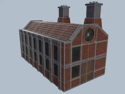 Factory brick building with two chimneys Low-poly 3D model