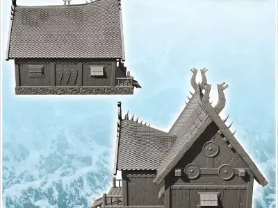 Wooden viking house on platform with double stairs and annex 12  3D print model