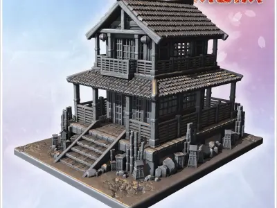 Two-story wooden Japanese house with tiled roof balcony and ston 3D print model